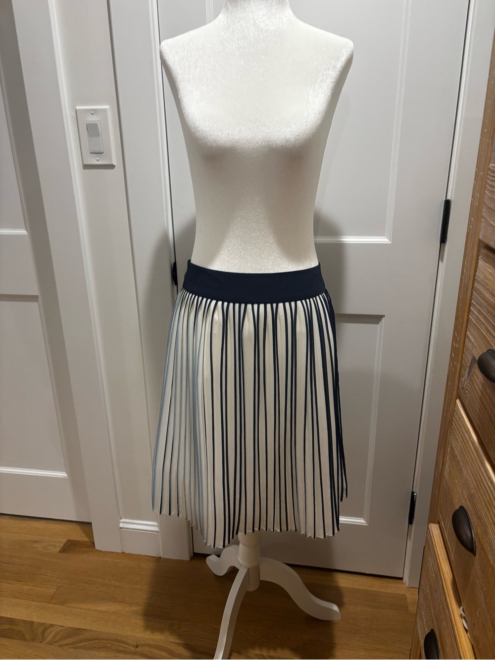 J Crew Pleated Navy and White Stripe Skirt